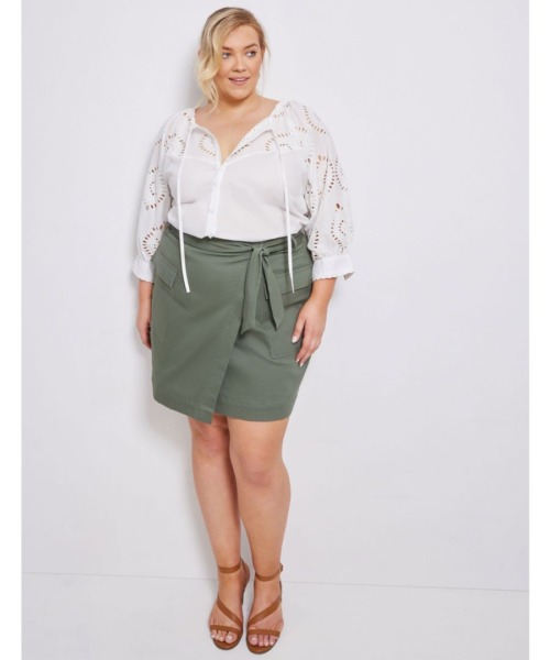 Autograph Womens Belted Pocket Knee Skirt - Plus Size - Khaki Cotton - Size 22 UK