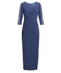 Gina Bacconi Womens Gretchen Long Surplice Neckline Dress With Rusched Waist And Beaded Sleeves. - Blue - Size 22 UK