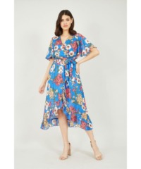 Mela London Womens Blue Bouquet Wrap Front Midi Dress - Size 22 UK