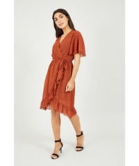 Mela London Womens Dash Print Wrap Dress - Rust - Size 22 UK