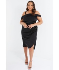 Quiz Womens Curve Black Satin Ruched Midi Dress - Size 22 UK