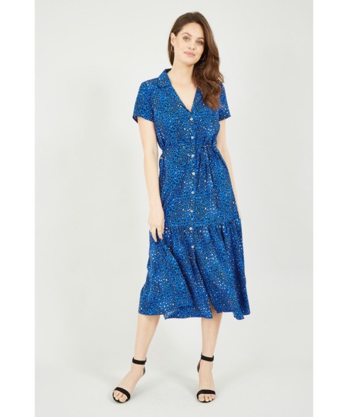Yumi Womens Blue Animal Print Midi Shirt Dress - Size 22 UK
