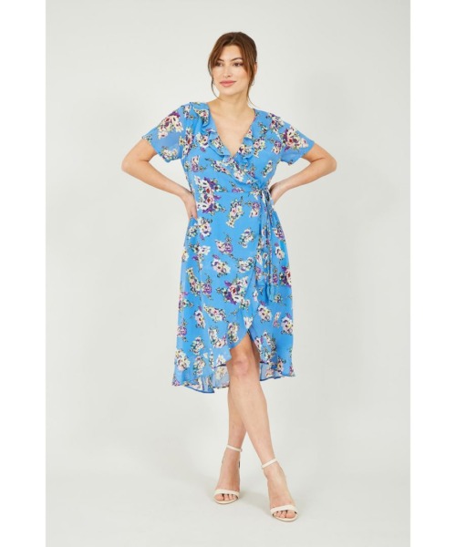 Yumi Womens Blue Floral Wrap Dress - Size 22 UK