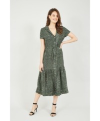 Yumi Womens Green Animal Print Midi Shirt Dress - Size 22 UK