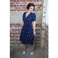 "Peggy" Wrap Dress in Navy Blue with Doggy Print  Authentic 1940s Vintage Style