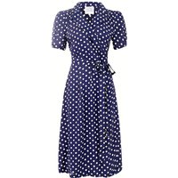 "Peggy" Wrap Dress in Navy with Polka Dot Spot