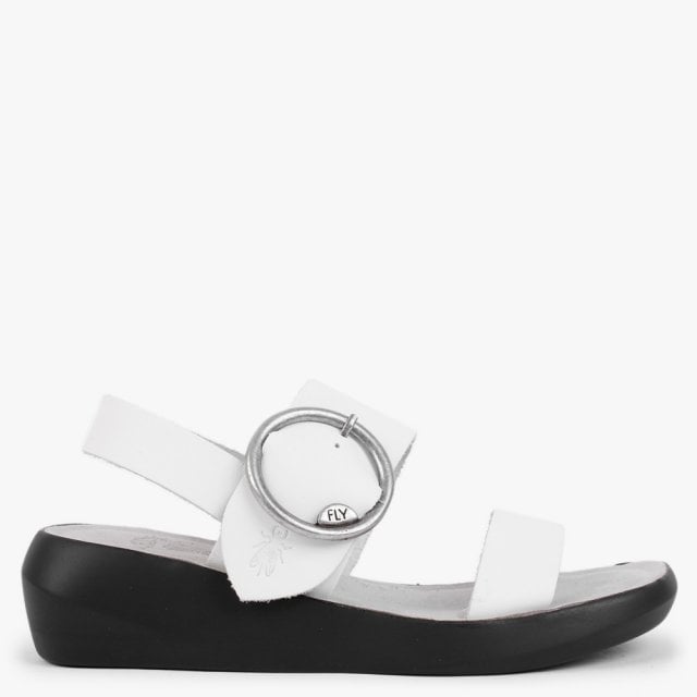 FLY LONDON Bani Off White Leather Big Buckle Sandals Size: 41