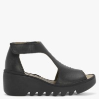 FLY LONDON Bezo Black Leather Wedge Sandals Colour: Black Leather