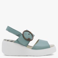 FLY LONDON Digo Turquoise Leather Big Buckle Wedge Sandals Size: 41