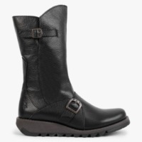 FLY LONDON Mes Black Pebbled Leather Low Wedge Calf Boots Colour: Blac