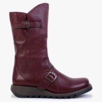 FLY LONDON Mes Burgundy Pebbled Leather Low Wedge Calf Boots Size: 38