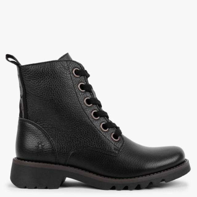FLY LONDON Ragi Black Pebbled Leather Ankle Boots Colour: Black Leathe