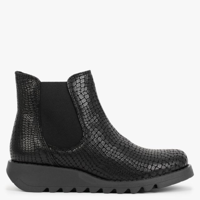 FLY LONDON Salv Black Leather Moc Croc Wedge Chelsea Boots Colour: Bla