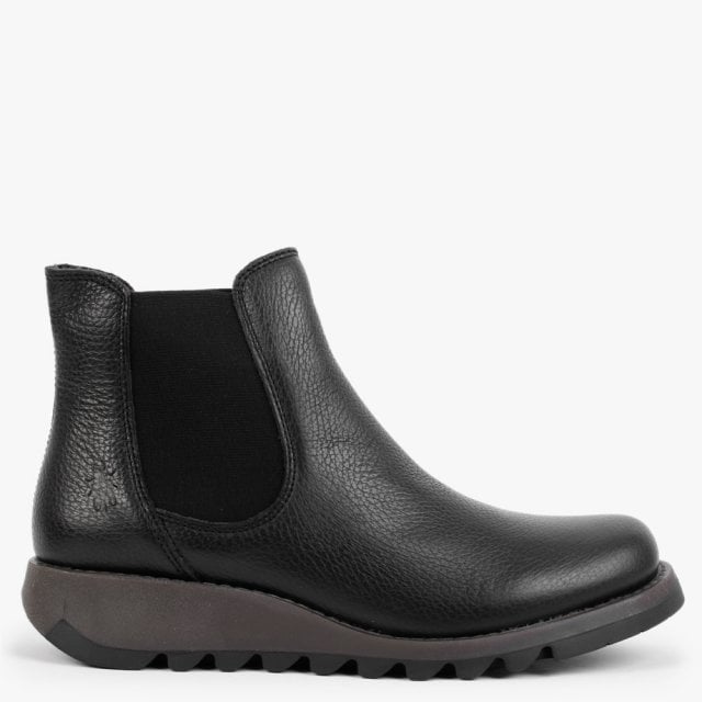 FLY LONDON Salv Black Pebbled Leather Wedge Chelsea Boots Colour: Blac