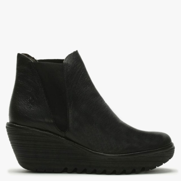 Fly London Woss Black Leather Wedge Ankle Boots  Colour: Black Leather