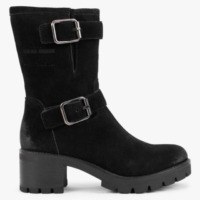 MANAS Black Suede Double Buckle Heeled Calf Boots Colour: Black Leathe