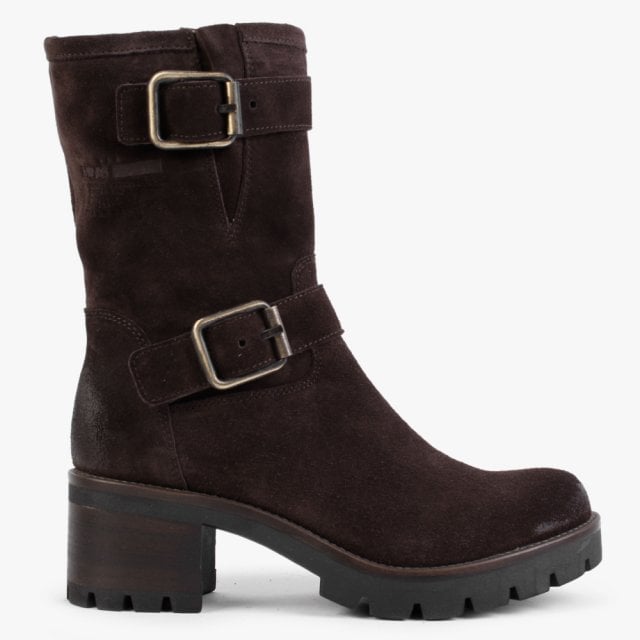 MANAS Brown Suede Double Buckle Heeled Calf Boots Size: 39