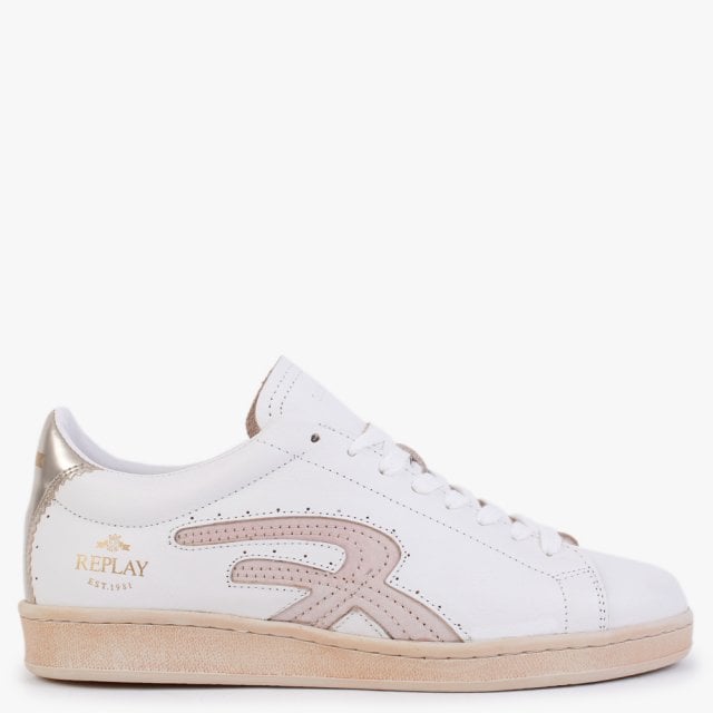 REPLAY Murray Off White Pink Leather Trainers Size: 36