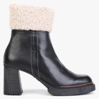 WONDERS Eros Black Leather Fleece Trim Block Heel Ankle Boots Colour: