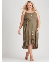 Beme - Plus Size - Womens Midi Dress - Green - Summer Casual Linen Beach Fashion - Khaki - Sleeveless - solid - Strappy - Clothing - Size 22 UK