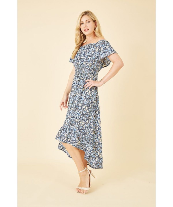 Mela London Womens Blue Floral Ditsy Bardot Midi Dress - Size 22 UK