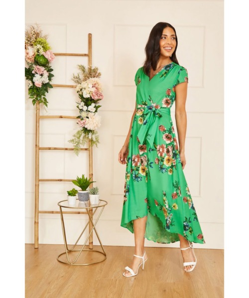 Mela London Womens Green Bright Floral Dip Hem Wrap Midi Dress - Size 22 UK