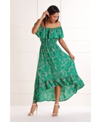 Mela London Womens Green Ditsy Print Bardot Dipped Hem Dress - Size 22 UK