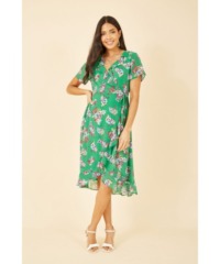 Mela London Womens Green Floral Frill Wrap Midi Dress - Size 22 UK