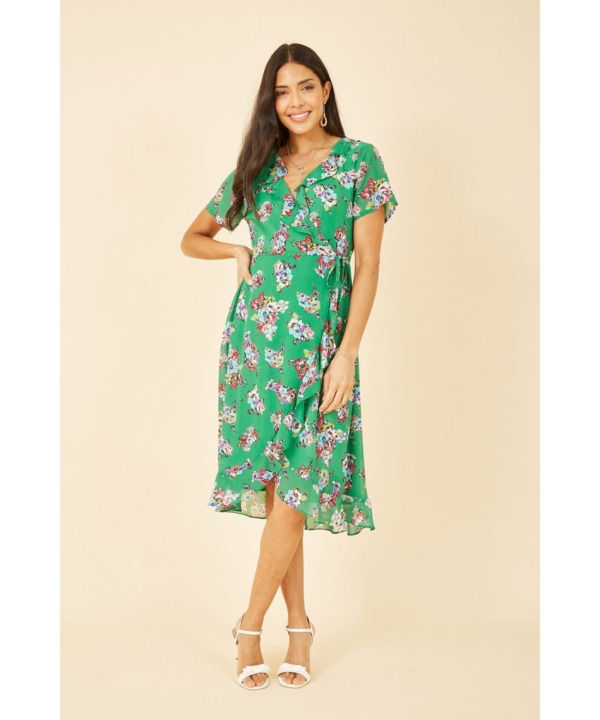 Mela London Womens Green Floral Frill Wrap Midi Dress - Size 22 UK