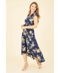 Mela London Womens Navy Floral Print Dipped Hem Wrap Dress - Size 22 UK