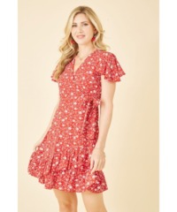 Mela London Womens Red Ditsy Floral Wrap Frill Dress - Size 22 UK