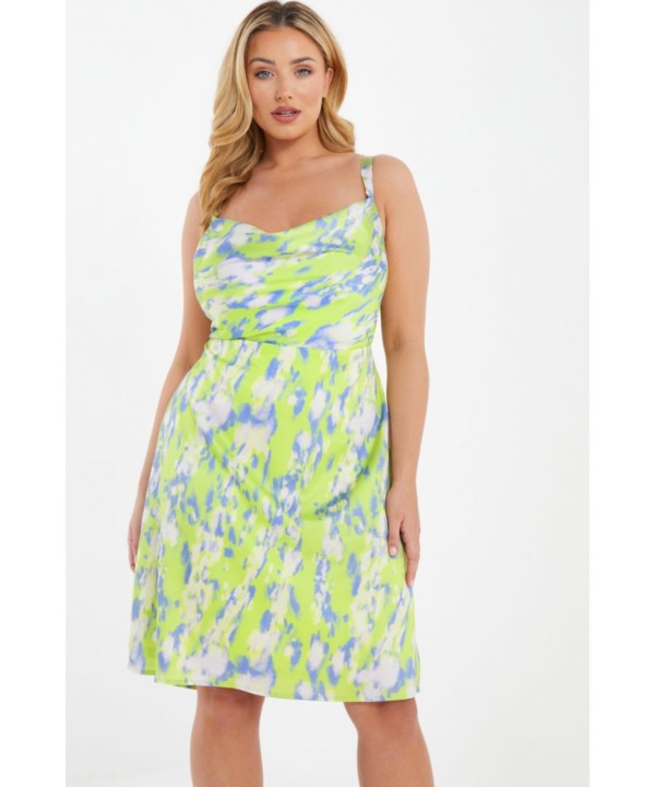 Quiz Womens Curve Lime Satin Marble Print Tie Back Dress - Lime Green - Size 22 UK