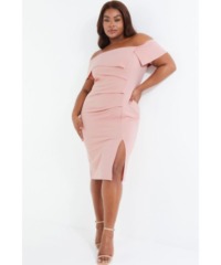 Quiz Womens Curve Pink Ruched Bardot Midi Dress - Size 22 UK
