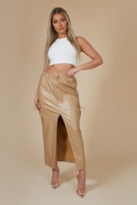 Faux Leather Pocket Detail Cargo Maxi Skirt Camel UK 12