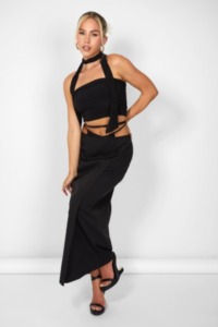 Kaiia Wrap Tie Side Maxi Skirt In Black UK 12