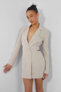 Pocket Detail Cut Out Waist Tailored Blazer Dress Ecru UK 12