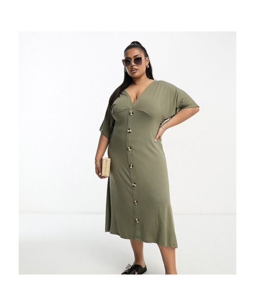 ASOS CURVE Womens DESIGN flutter sleeve midi tea dress with buttons in khaki-Green - Size 22 UK