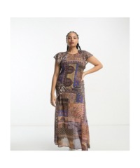 ASOS CURVE Womens DESIGN high neck mixed print short sleeve maxi tea dress-Multi - Multicolour - Size 22 UK