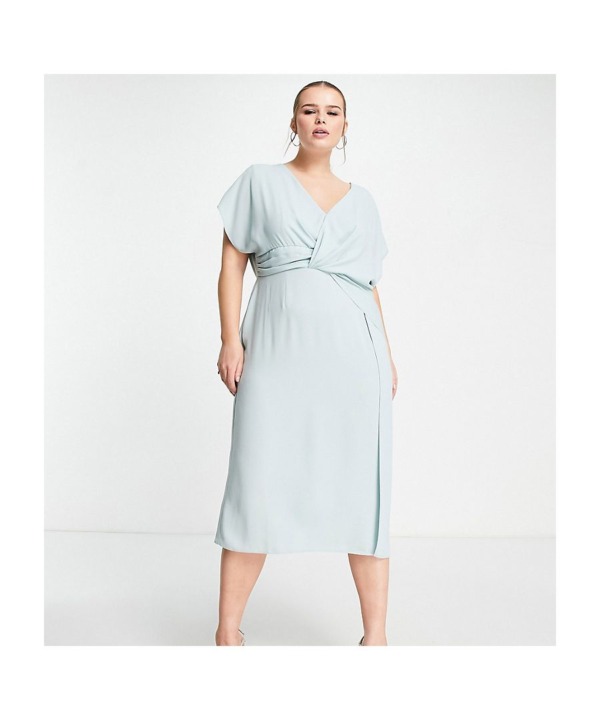 ASOS CURVE Womens DESIGN twist and drape front midi dress in duck egg-Blue - Size 22 UK