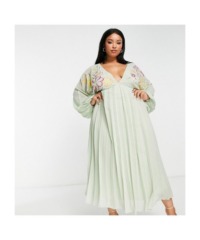 ASOS CURVE Womens DESIGN v front baby doll pleated embroidered midi dress in pastel green - Size 22 UK