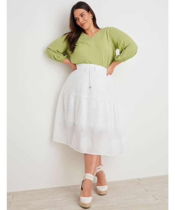 Autograph Womens Woven Embroidered Chiffley Midi Skirt - Plus Size - White Cotton - Size 22 UK