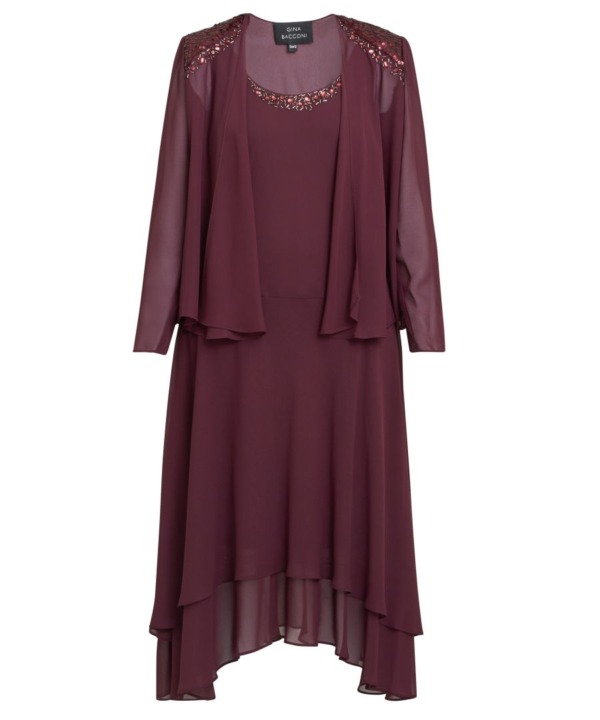 Gina Bacconi Womens Lilibeth Sequin Beaded Shoulder Jacket Dress - Wine - Size 22 UK