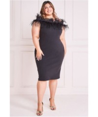 Goddiva Womens Off The Shoulder Feather Midi Dress - Black - Size 22 UK