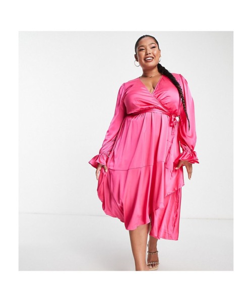 In The Style Plus Womens satin wrap detail volume sleeve midi dress with asymmetric ruffle hem in pink - Size 22 UK