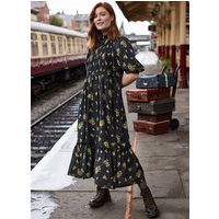 Joanie Priya Black Floral Print Puff Sleeve Midi Dress-MEDIUM (UK 12-14)