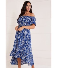 Mela London Womens Blue Ditsy Print Bardot Dipped Hem Dress - Size 22 UK