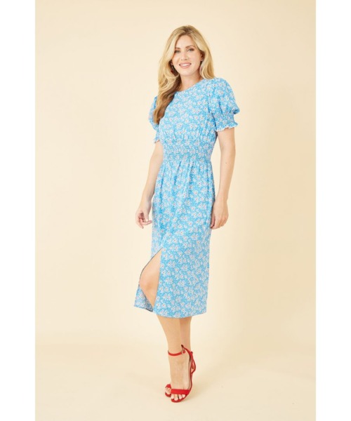 Mela London Womens Blue Floral Print Shirred Waist Midi Dress - Size 22 UK