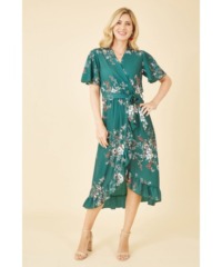 Mela London Womens Green Floral Dip Hem Wrap Midi Dress - Size 22 UK