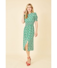 Mela London Womens Green Floral Print Shirred Waist Midi Dress - Size 22 UK