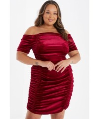 Quiz Womens Curve Berry Velvet Ruched Midi Dress - Size 22 UK